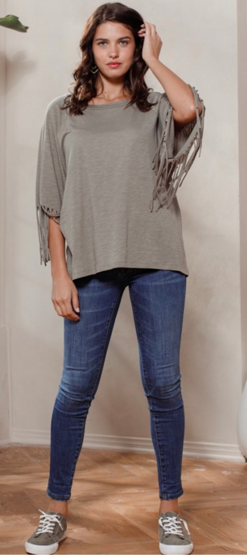 Solid Knit Top with Fringe Sleeves